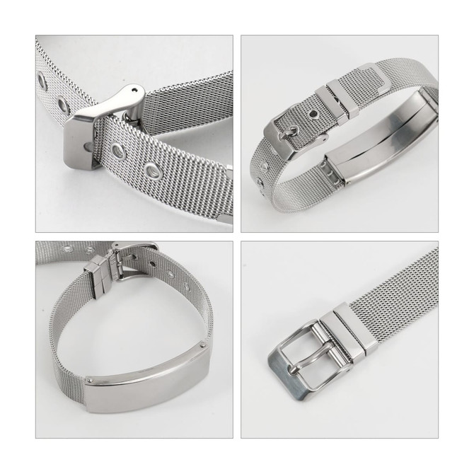 A metal bracelet featuring a mesh design with a silver finish and secure clasp. Includes a logo on the buckle.