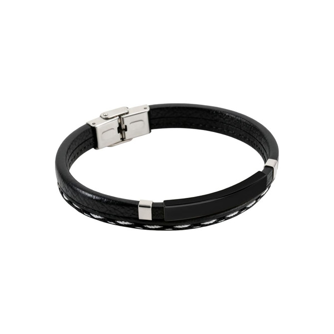 A personalized leather bracelet featuring a sleek black design with a metallic clasp and detailing.