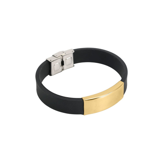 A black bracelet with a polished gold stainless steel buckle latch and an engraved surface.