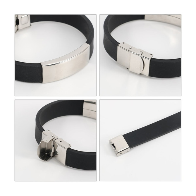 An engraved stainless steel buckle latch bracelet with a black rubber band and polished silver-tone accents. Features a logo.