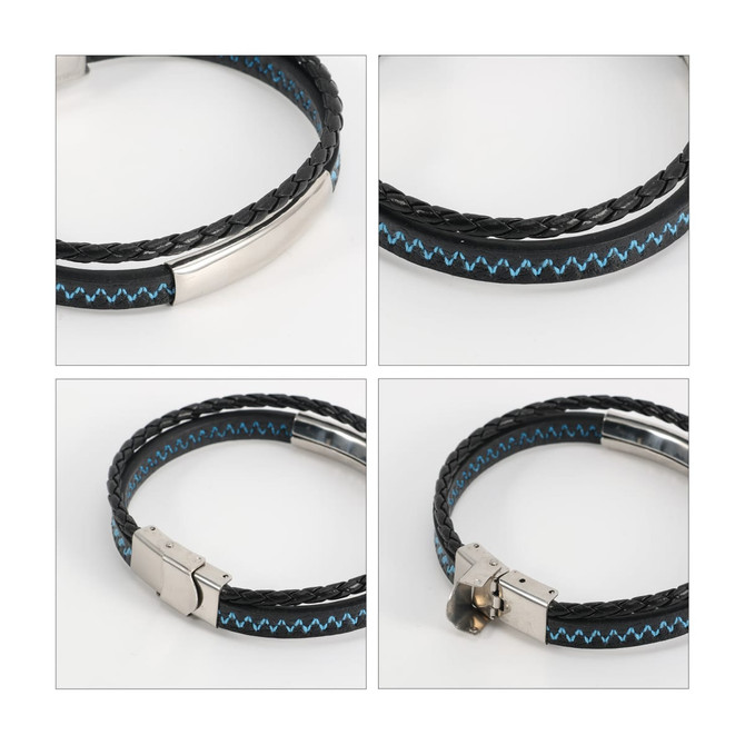 A double-layer leather bracelet featuring black and blue woven detailing with a metallic clasp and branding.