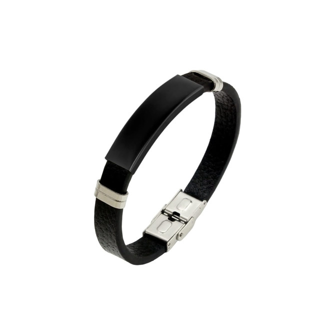 A black leather bracelet featuring a rectangular metal plate and silver accents. It has a clasp closure.