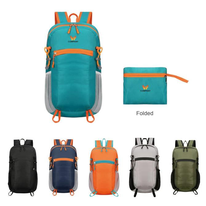 A packable hiking backpack in various colours, including teal, orange, black, navy, and grey, with a logo displayed.