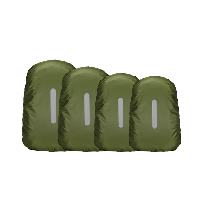 Four olive green reflective backpack rain covers, each with a reflective strip, arranged in a row.