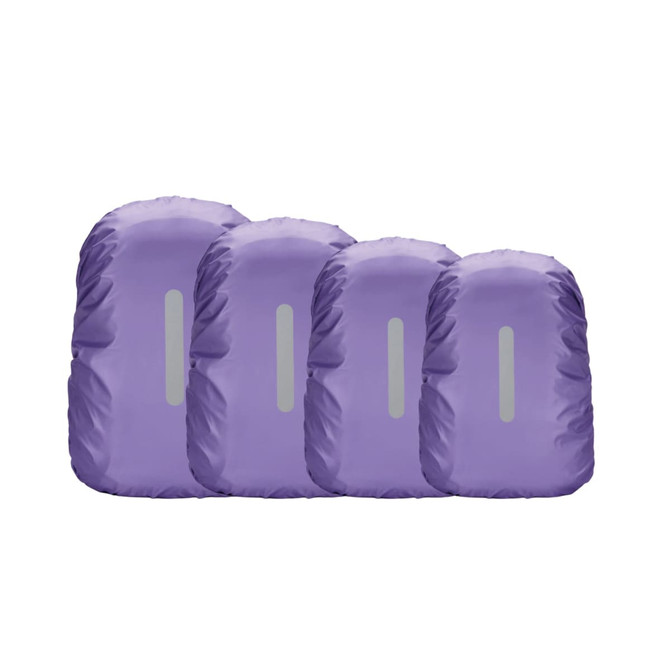 A set of four purple reflective backpack rain covers with a logo on one side.