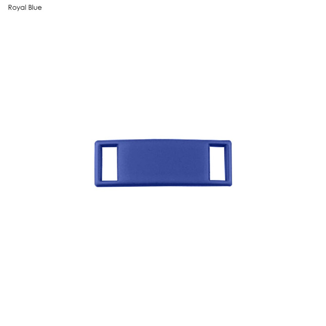 A royal blue luxury shoelace charm with a rectangular shape and two openings. It features a branding logo.
