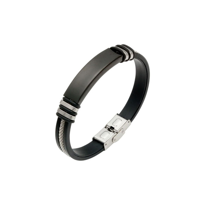 A black and silver bracelet with a buckle latch and decorative detailing, featuring a metallic logo.