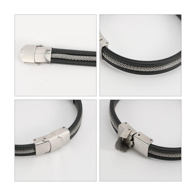 A sleek black bracelet featuring a silver buckle latch and intricate silver detailing. The bracelet has a polished finish.