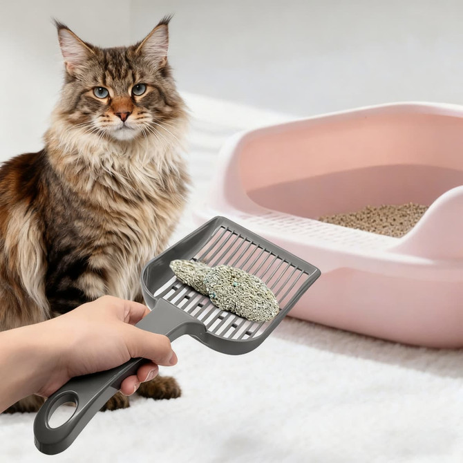 A large grey cat litter scoop is being held above a pink litter box, with a cat sitting nearby.