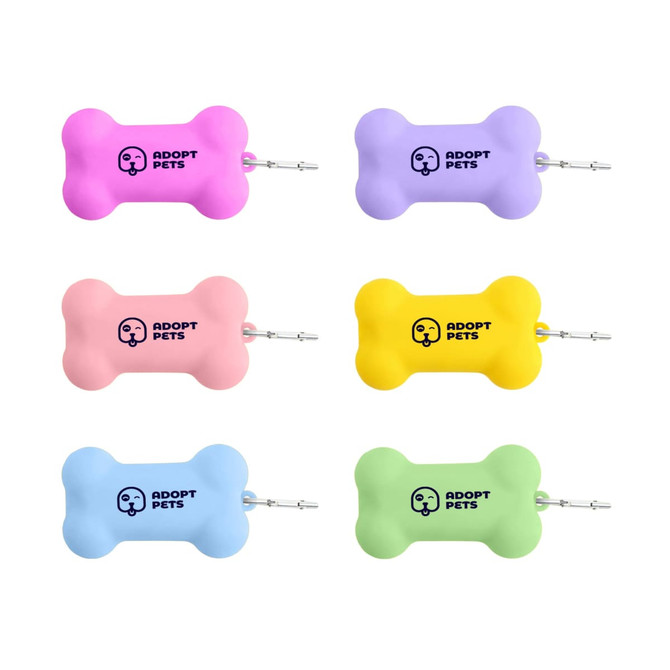 A collection of silicone bone-shaped dog poop bag dispensers in pink, purple, yellow, blue, and green, each with a logo.