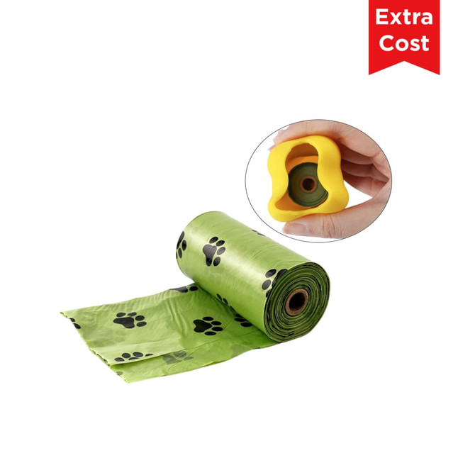 A green roll of dog poop bags with black paw prints and a yellow bone-shaped dispenser.