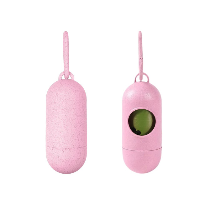 A pink eco-friendly pet waste bag dispenser with a loop for attachment and a transparent window.
