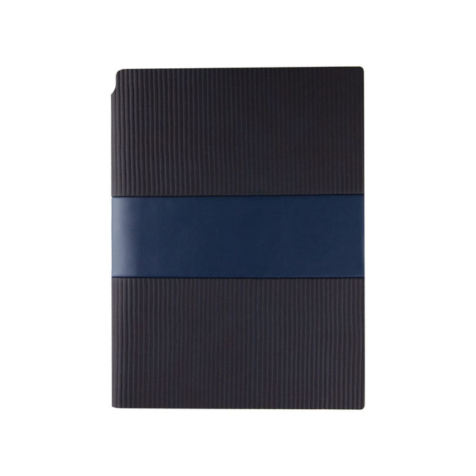 A navy blue notebook with a textured cover and a smooth blue band. It features a logo on the front.