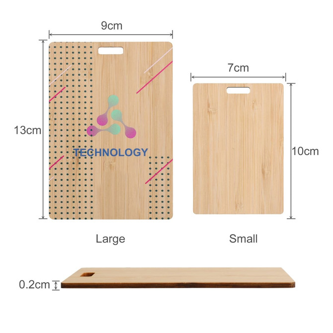 A bamboo name tag with a large and small design, featuring a logo and a natural wood finish.