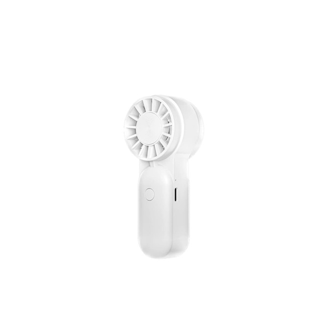 A white mini portable handheld fan with a curved design and a button, featuring a logo.