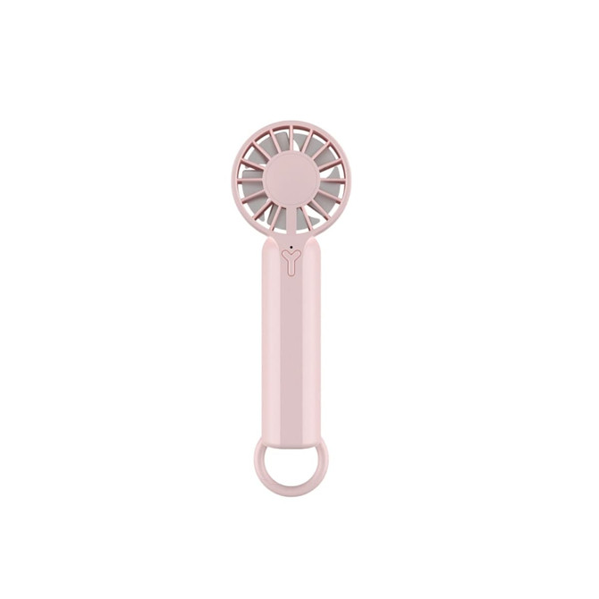 A pink portable handheld fan featuring a circular grille and a loop for easy carrying. A logo is present.