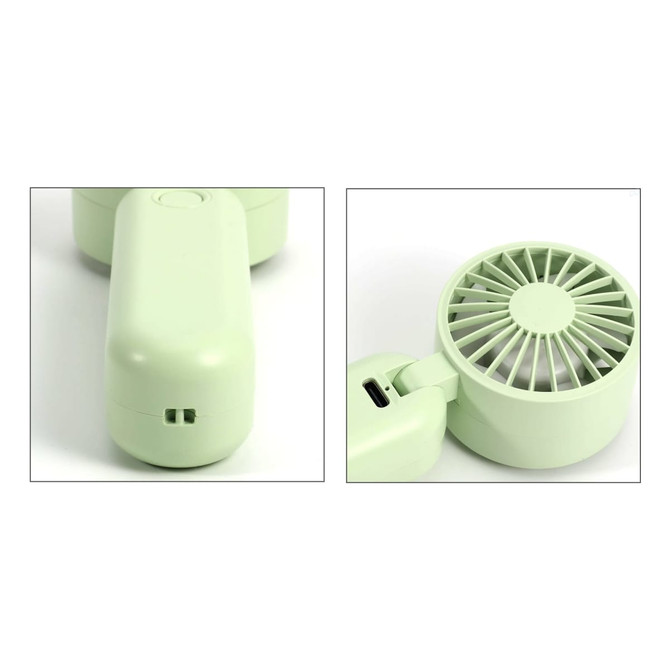 A foldable handheld fan in pale green, featuring a compact design with a visible logo and USB charging port.