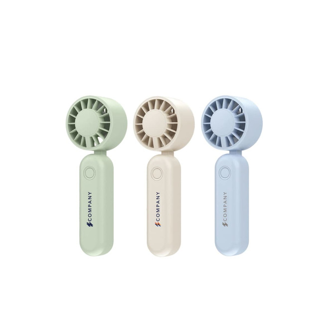 A foldable handheld fan in green, cream, and blue colours, featuring a button and a logo on the handle.