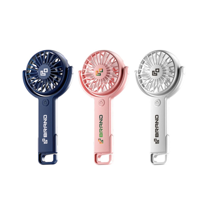 A set of three handheld fans in navy blue, pink, and white, each with an adjustable angle and a logo.