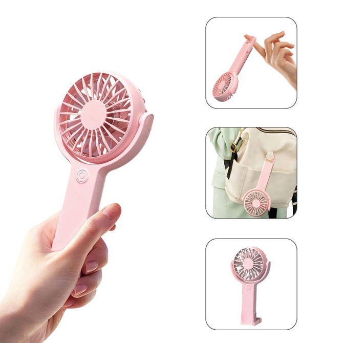 A pink handheld fan with a 180° adjustable angle, featuring a logo and a clip for easy attachment.