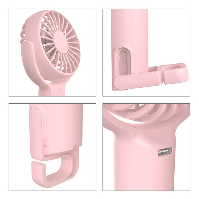 A pink handheld fan with a 180° adjustable angle, featuring a logo and a hook for easy holding.