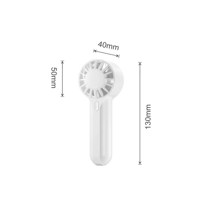 A mini handheld fan in white, measuring 130mm in length and 50mm in diameter, with a logo present.