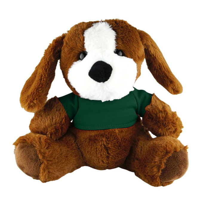 A brown plush dog with floppy ears, wearing a green shirt, seated with an adorable expression.