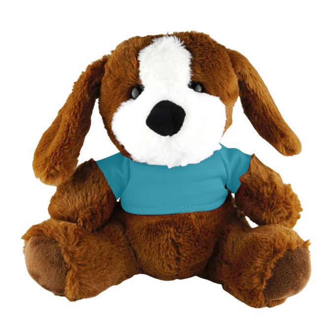 A brown plush dog wearing a blue shirt. The dog has floppy ears and a fluffy white snout.