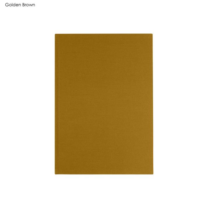 A golden brown B5 notebook with a plain cover and no visible text or images. It has a simple design and branding.