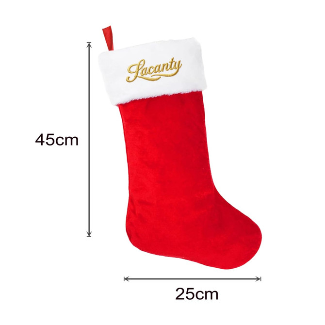 A red and white embroidered Christmas stocking with a fluffy white trim and a gold logo. Dimensions are 45cm by 25cm.