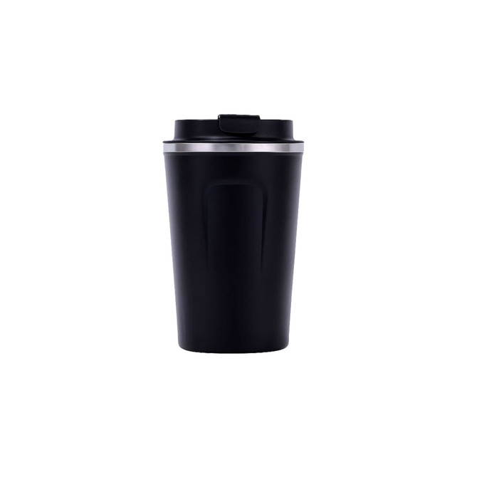 A stainless steel coffee mug in matte black with a silver band around the top and a black lid.