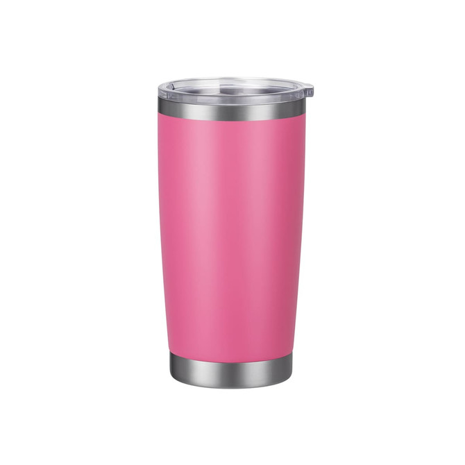 A drink bottle in vibrant pink with a stainless steel bottom and a clear lid, featuring a branded logo.