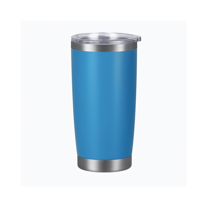 A drink bottle with a blue stainless steel exterior and a clear, plastic lid. It has a silver base and a branded logo.