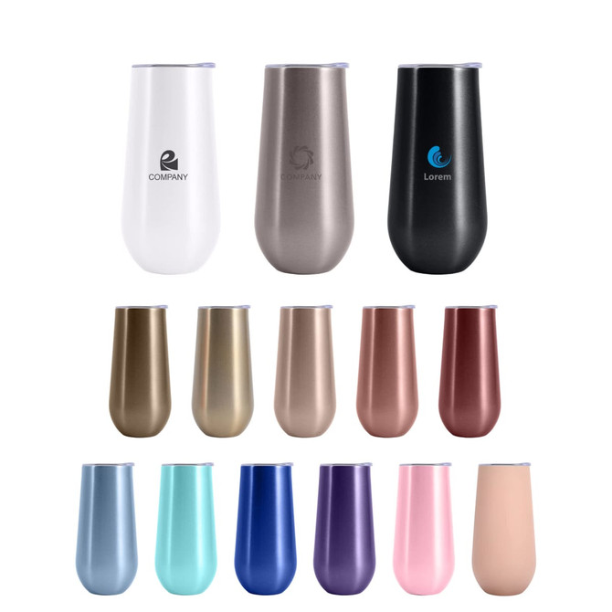 A collection of 150ml vacuum champagne flutes in various colours, including white, black, gold, and pastel shades.