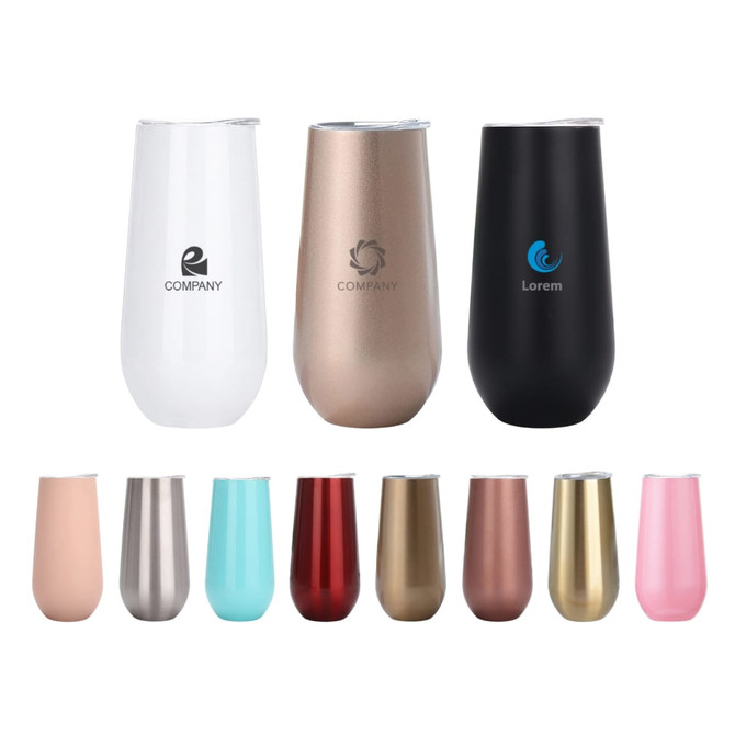 A drink bottle collection featuring various vacuum champagne flutes in colours including white, black, gold, pink, and red with logos.