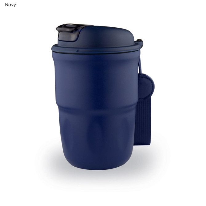 A navy double wall coffee mug featuring a lid and a handle. It has a smooth finish and a logo.