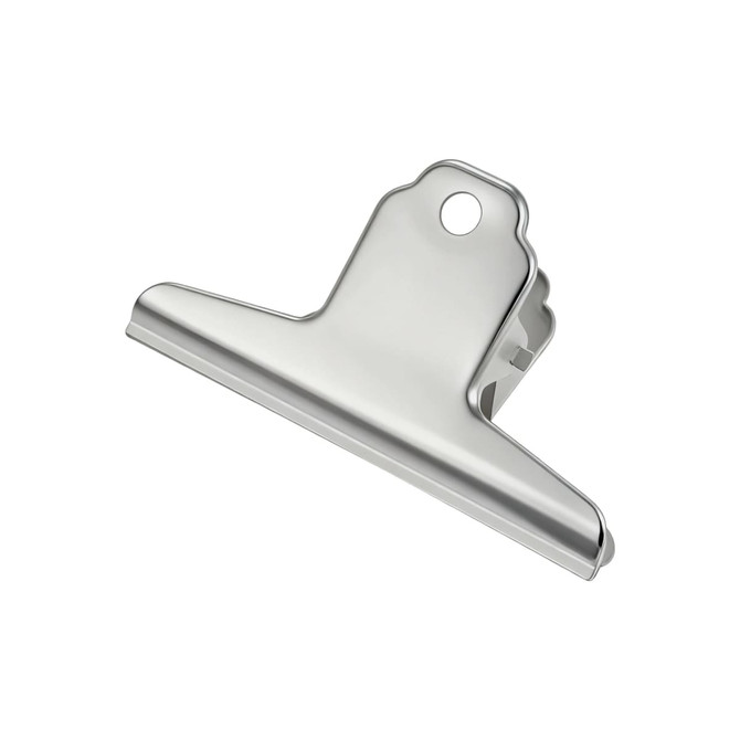 A silver metal binder clip with a sturdy clamp and a hole for hanging, featuring a simple design.