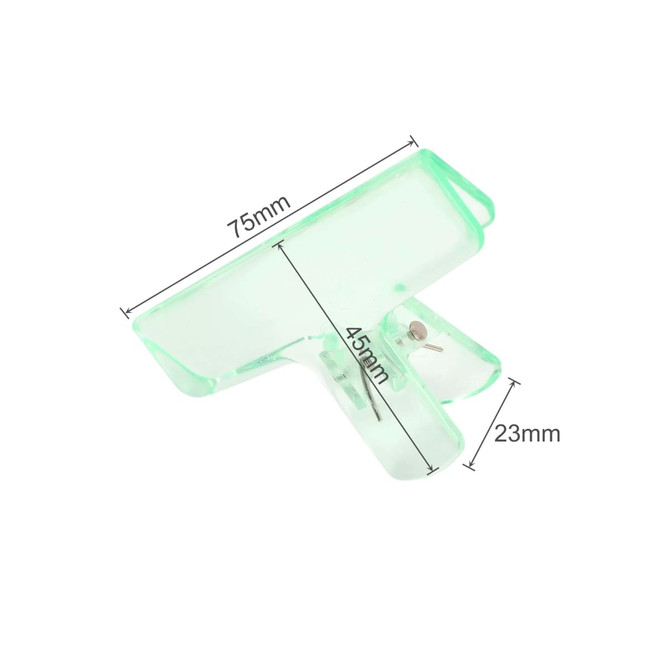 A translucent green plastic clip with measurements of 75mm by 45mm by 23mm, featuring a metallic fastener.