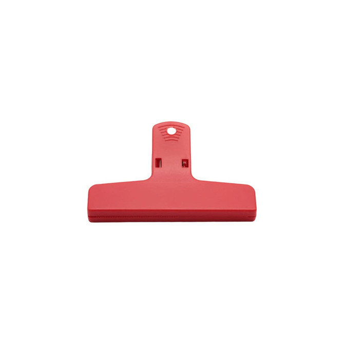 A red plastic clip with a hole for hanging and a flat grip surface. It features a logo on the front.