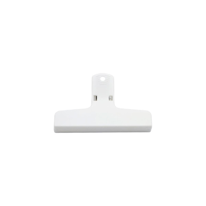 A white plastic clip with a rectangular base and a hole for hanging. It features a simple design.