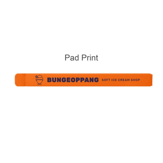 An orange promotional product with a printed design featuring a logo for an ice cream shop.