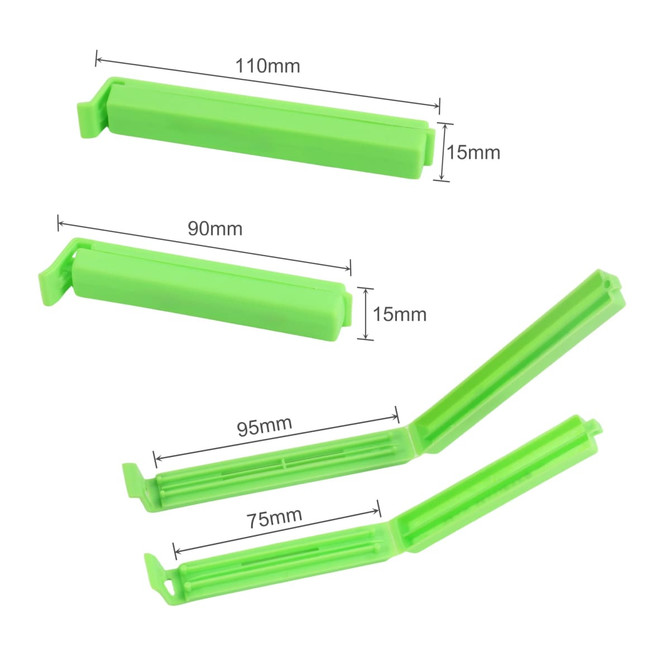 A green medium food bag seal clip in various positions, showcasing its adjustable lengths and design features.