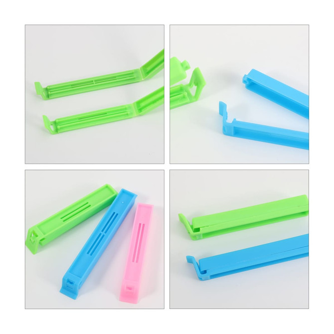 Medium Food Bag Seal Clips in blue, green, and pink. The clips are shown in various orientations with a simple design.