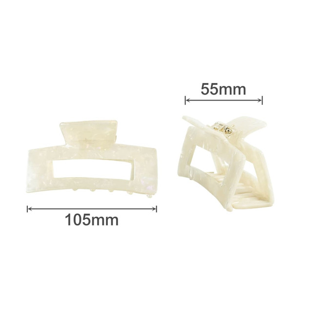 A hair claw clip in a pearlescent white colour, measuring 105mm by 55mm, featuring a clasp mechanism.