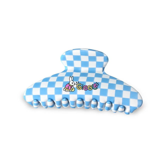 A blue and white checkered hair clip with a cartoon logo on the front. Features a unique design with a textured grip.