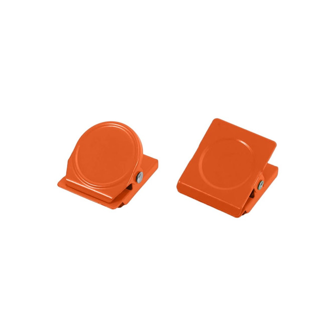Metal magnetic clips in vibrant orange, featuring a circular and rectangular design, with a logo on one clip.
