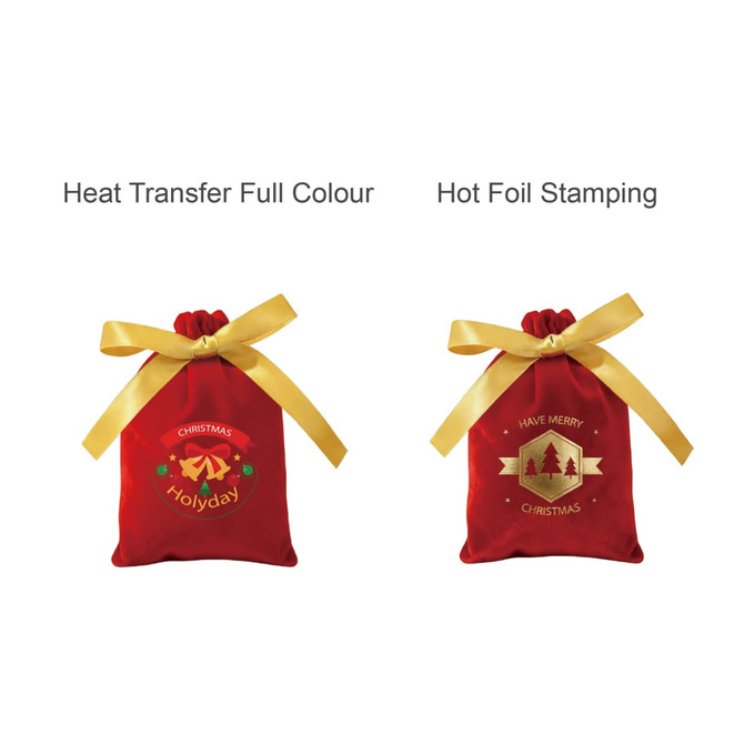 Red drawstring gift bags with gold bows, featuring festive designs in full colour and hot foil stamping.