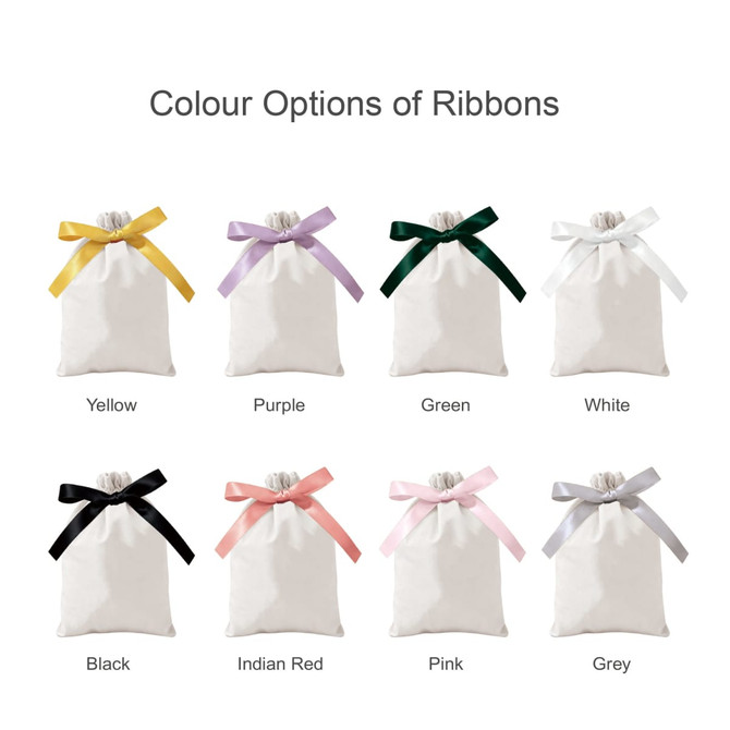Eight ribbon drawstring gift bags in white with yellow, purple, green, white, black, Indian red, pink, and grey ribbons.
