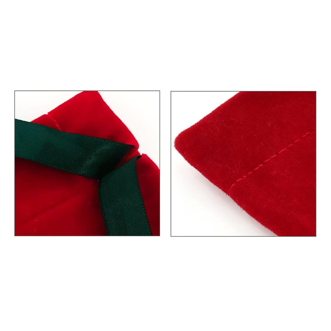 Red velvet drawstring gift bags with dark green ribbons and neat stitching details.