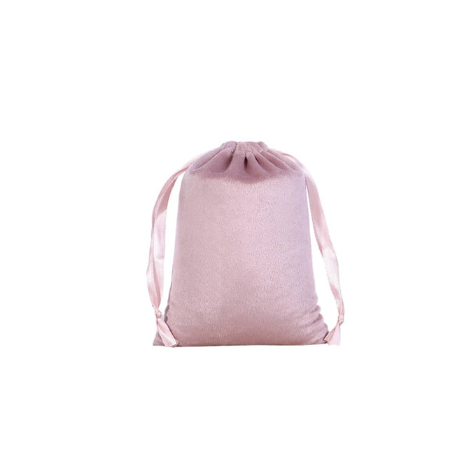 A pink silk velvet drawstring bag with satin ribbons for closure. It has a smooth, soft texture.